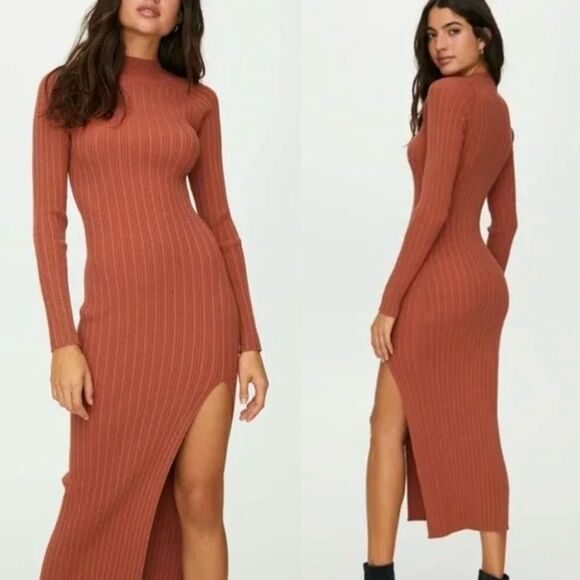 Aritzia Wilfred Free Alchemy Dress Long Sleeve Rib Knit‎ Bodycon Slit Size Small - Picture 1 of 8